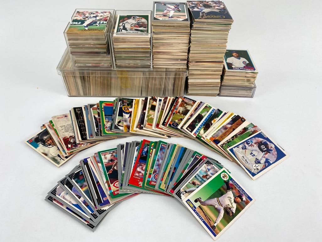 Lot of Sports Cards: 1000+ Collectible Sports Cards From 1987-1998, Includes Baseball, Softball, Football, Hockey. Each Approximately 3.50H x 2.50W in.