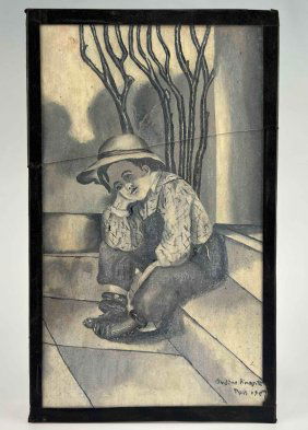 Antique Folk Art Painting Of Boy