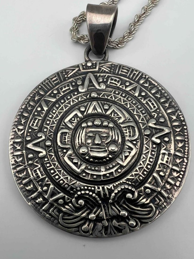 Vintage Taxco Sterling Silver Aztec Calender Stone Necklace (1 of 8)