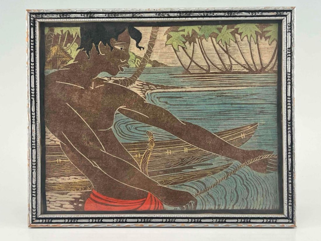 Piko Siska, Woodcut Print Of Fisherman, Ca. 1940's: Piko Siska, Woodcut Print Of Fisherman, Ca. 1940's. Attached note reads: "Feb 6- 45- Dear Friends... I am sending you a little remembrance- a Tahitian Tapa[illegible] a linoleum block print- hand tint