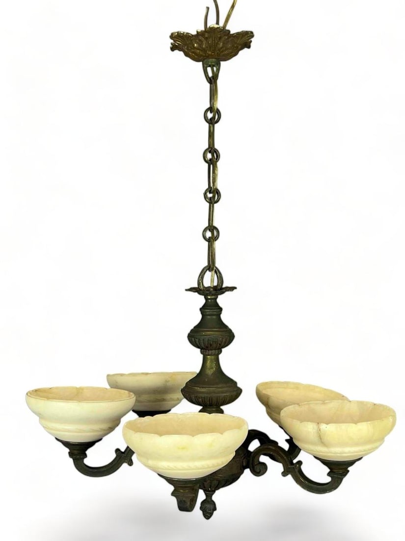 Antique Bronze Five Light Chandelier With Alabaster Shades (1 of 17)