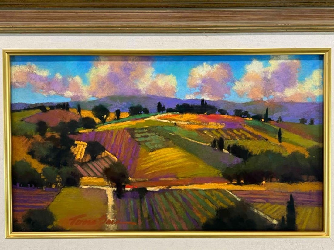Teresa Saia (American, 20th C.) The Hills Below Villa Lecche,Pastel On Paper: Teresa Sala (American, 20th C.) The Hills Below Villa Lecche,Pastel On Paper. Signed "Teresa Saia" Marked on Rear "This is the view on a lovely afternoon at villa lecchetrying to capture the colorful 