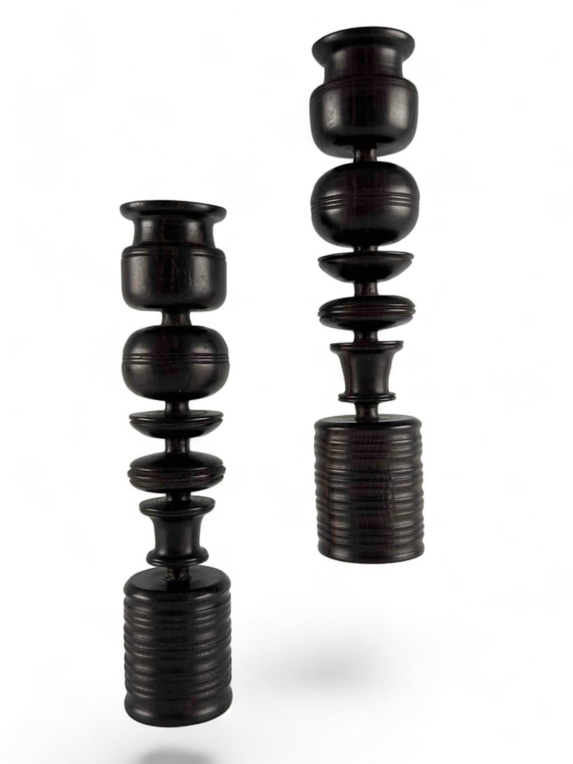 Pair Of Hand Turned Ebony Candlesticks, Ca. 1970's (1 of 13)