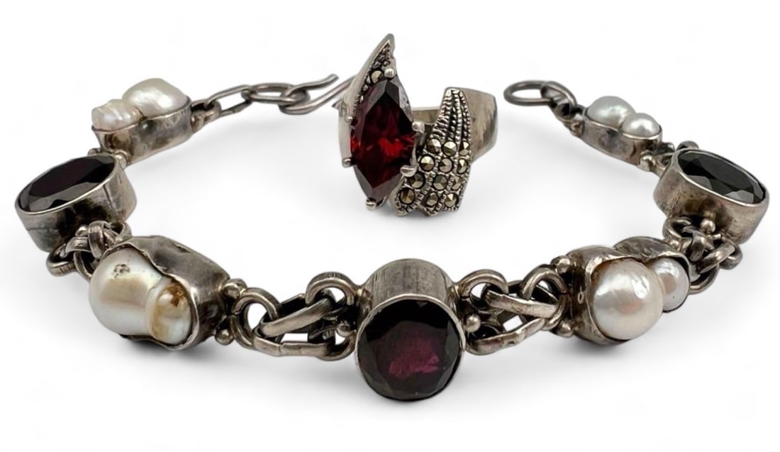 Sterling Silver Garnet, Pearl Bracelet & Ring (1 of 18)