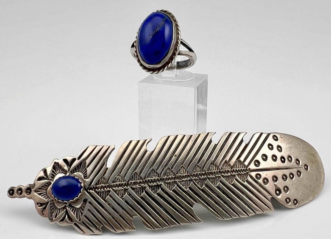 Native American Hand Stamped Sterling Silver Lapis Lazuli Hair Clip & Ring (1 of 12)