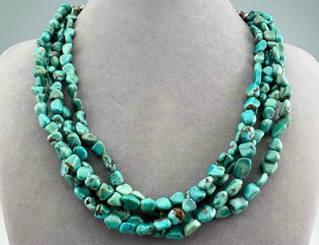 Native American Four Strand Turquoise Nugget Necklace With Sterling Cone Clasp (1 of 7)