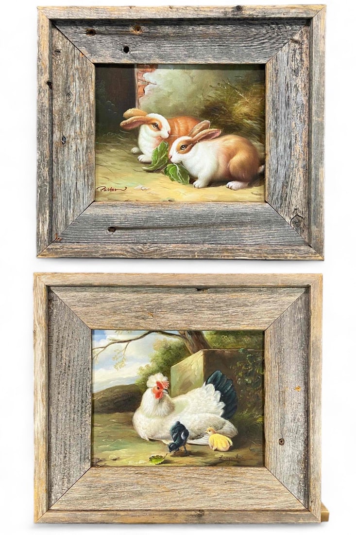 Two Cottage Style Paintings On Canvas, Chickens & Rabbits (1 of 20)