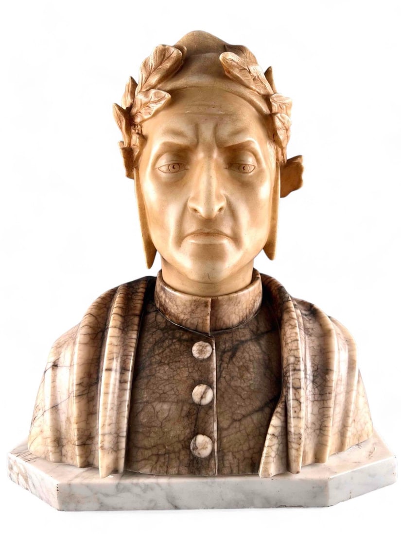 Bust of Dante, Italian Marble Sculpture: Marble Roman Statue Approximately 16.50W x 8.75D x 18.0H in.