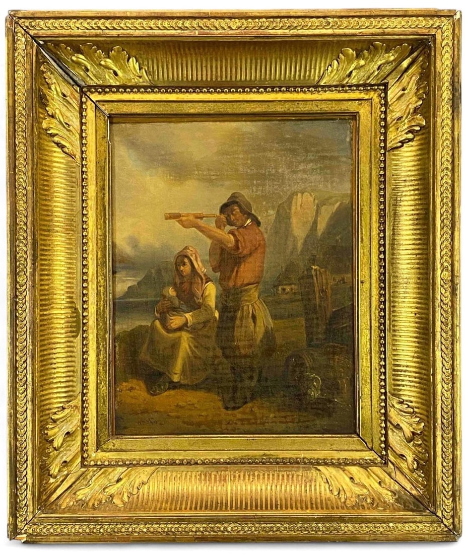 William Shayer Sr (British, 1788-1879) Scene With Family & Spyglass, Oil On Canvas (1 of 16)
