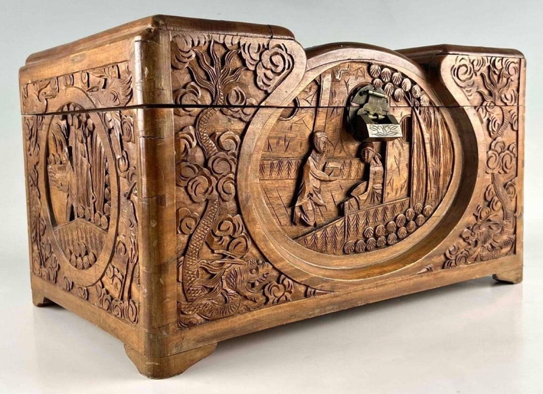Chinese Deep Carved Camphor Wood Box: Chinese Deep Carved Camphor Wood Box. Approximately 16.0W x 10.0D x 9.0H in.