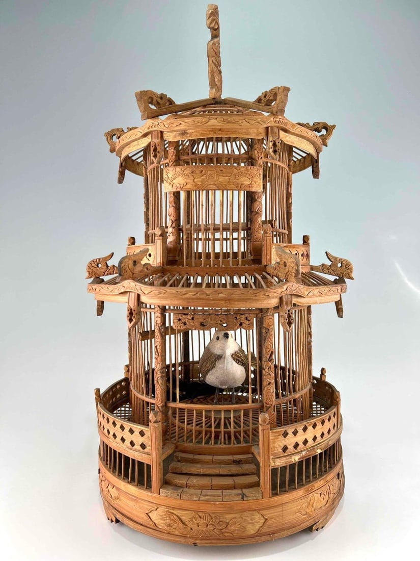 Chinese Pagoda Style Wooden Birdcage (1 of 20)