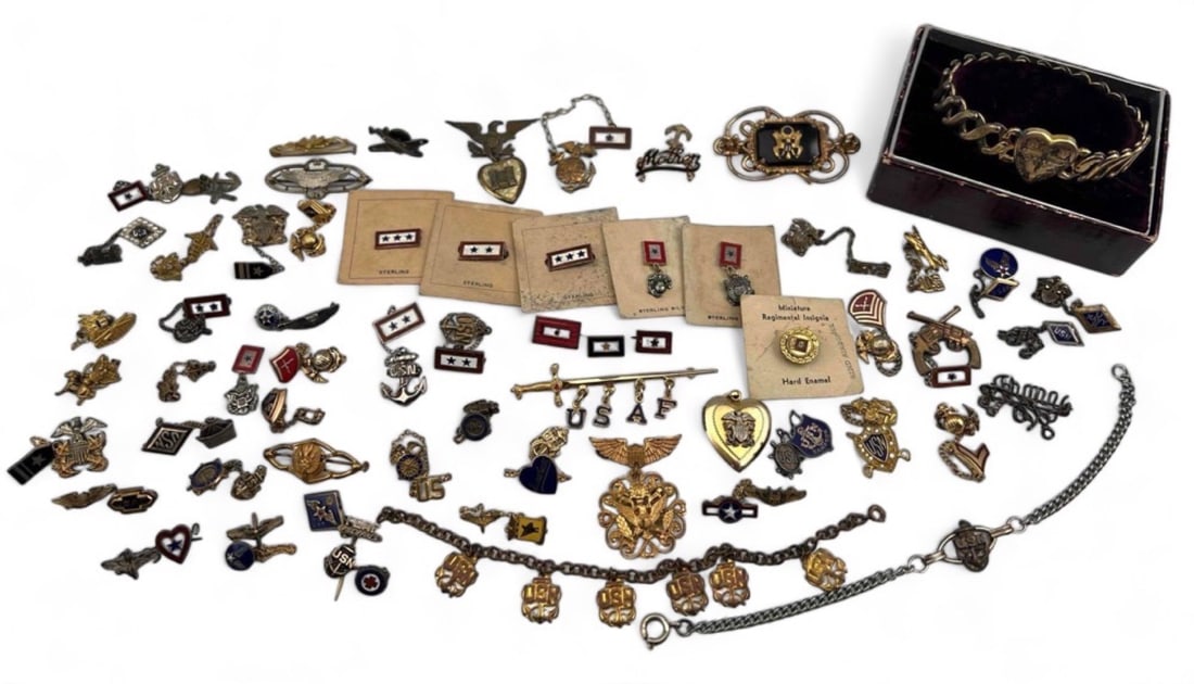 Group Of Military Badges & Sweetheart Bracelet: Group Of U.S. Military Badges & Sweetheart Bracelet. Many pieces sterling silver.