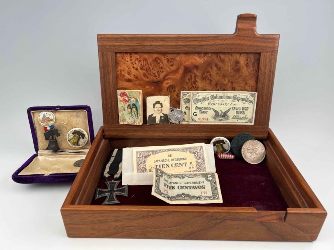 Collection Of Medals, Coins, & Collectibles In Burlwood Box (1 of 17)
