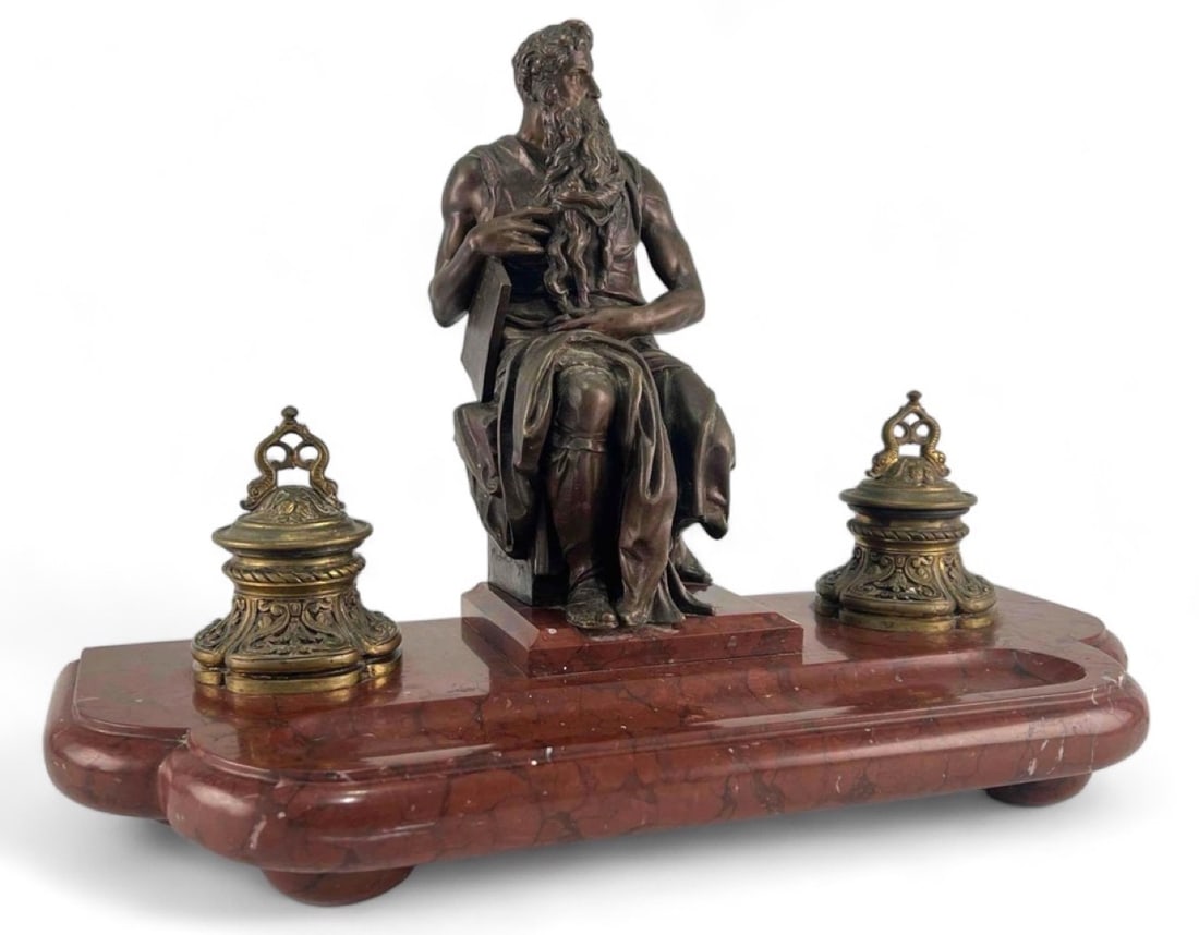 Antique Bronze Sculpture of Moses, Mounted On Stone Double Inkwell (1 of 18)