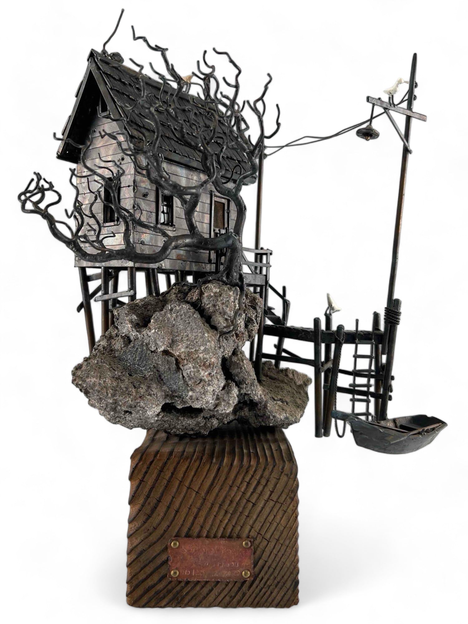 Jim Tribou, 1970's Folk Art Metal Sculpture, Coastal Scene: Jim Tribou, 1970's Folk Art Metal Sculpture, Coastal Scene. Marked "Sentinel Rock by Jim Tribou. No.120. 12-74." Approximately 12.6875H x 9.0W x 7.0D in.