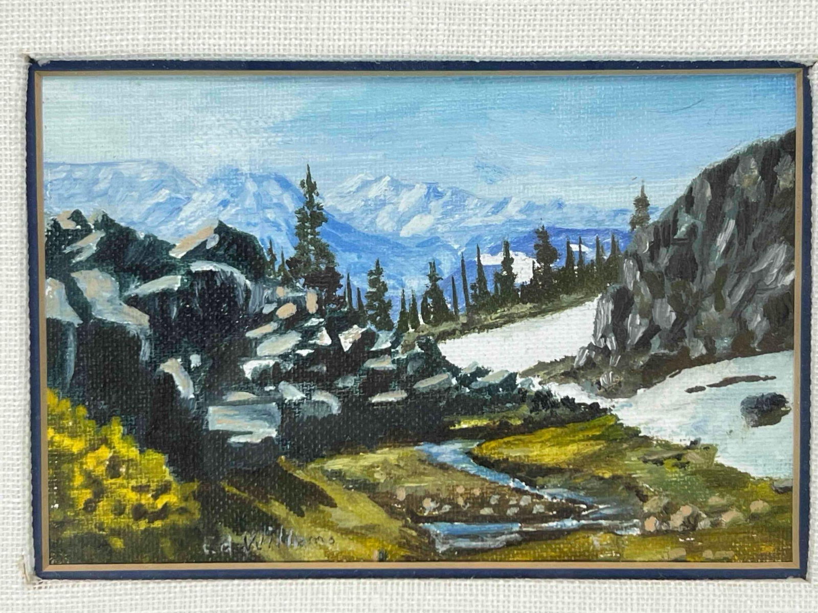 Edward Williams, Headwaters, San Joaquin California, Oil On Canvas: Edward Williams, Headwaters, San Joaquin California, Oil on Canvas. Signed "Ed Williams". Sight 5.75W x 3.75H, As Framed 12.125W x 10.125H x 0.50D in. All Measurements Approximate