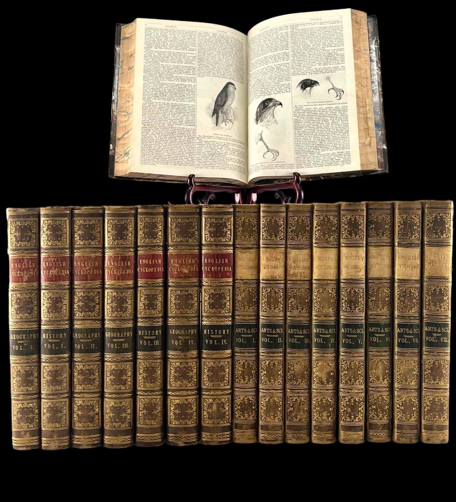 The English Cyclopedia, 1854-1861, Marbleized Half Leather Binding, 16 Volumes: The English Cyclopedia, 1854-1861, 16 Volumes, Marbleized Half Leather Binding. Includes Arts & Sciences, Conducted by Charles Knight, Volumes I-VIII; Geography, Volumes I-IV; History, Volumes I-III. 