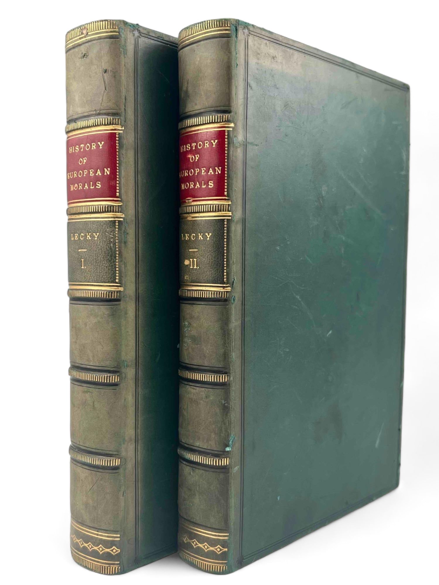 History of European Morals, William Edward Hartpole Lecky, Longmans Green & Co. 1869, Two Volumes: History of European Morals, William Edward Hartpole Lecky, Longmans Green & Co. 1869, Two Volumes. Gilt full leather binding and marbleized pages. Each Approximately 9.0H x 5.75W x 1.5D in.