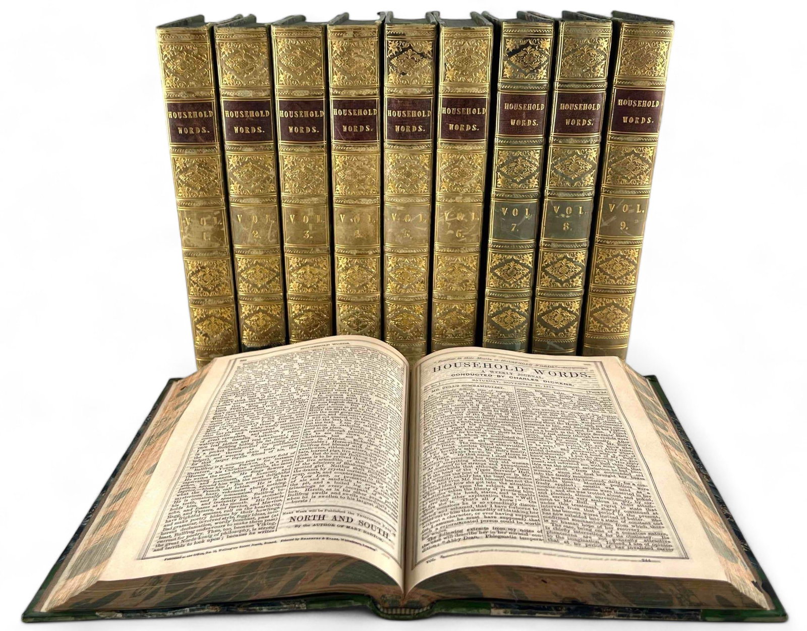 Charles Dickens, Household Words, 1850-1855, Ten Volumes With Marbleized Half Leather Binding: Charles Dickens, Household Words, 1850-1855, Ten Volumes With Marbleized Half Leather Binding. Each volume approximately 9.5H x 6.5W x 1.375D in.