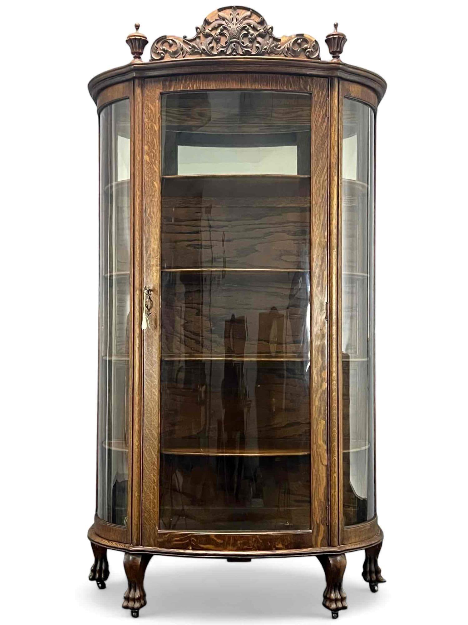Victorian Tiger Oak Bow Front Display Cabinet (1 of 20)