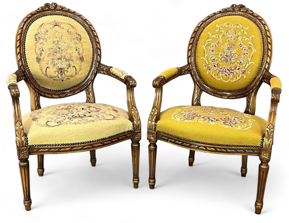 Pair Of Louis XVI Style Fauteuil Chairs: Pair Of Louis XVI Style Fauteuil Chairs. Each Approximately 39.0H x 24.75W x 24.0D in.