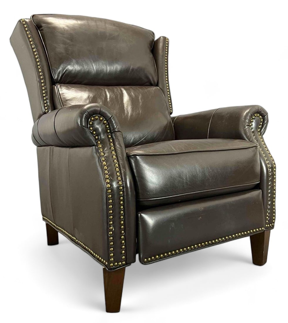 Leather & Brass Tack Reclining Armchair: Leather & Brass Tack Reclining Armchair. Approximately 43.5H x 39.5D x 33.0W in.