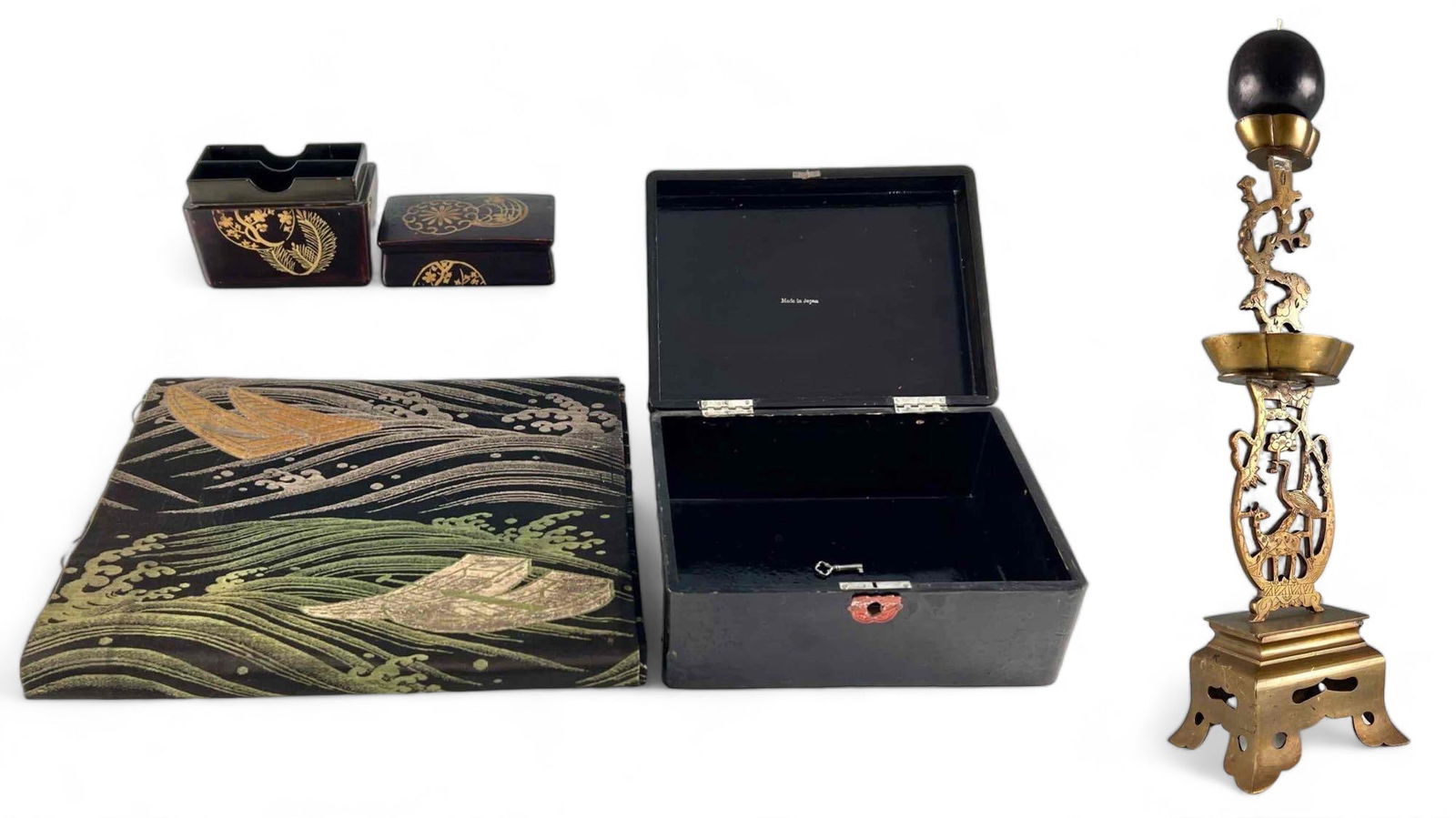 Asian Boxes, Obi & Candlestick: Asian Boxes, Obi & Candlestick. and 2 Boxes, Largest (Cloth) 81.50L x 11.75W, Smallest (Box) 3.625H x 4.50W x 2.625D in. All Measurements Approximate