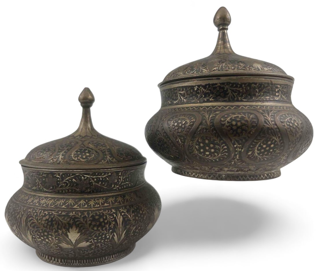 Two Indo-Persian Brass Lidded Jars With Niello Inlay (1 of 16)