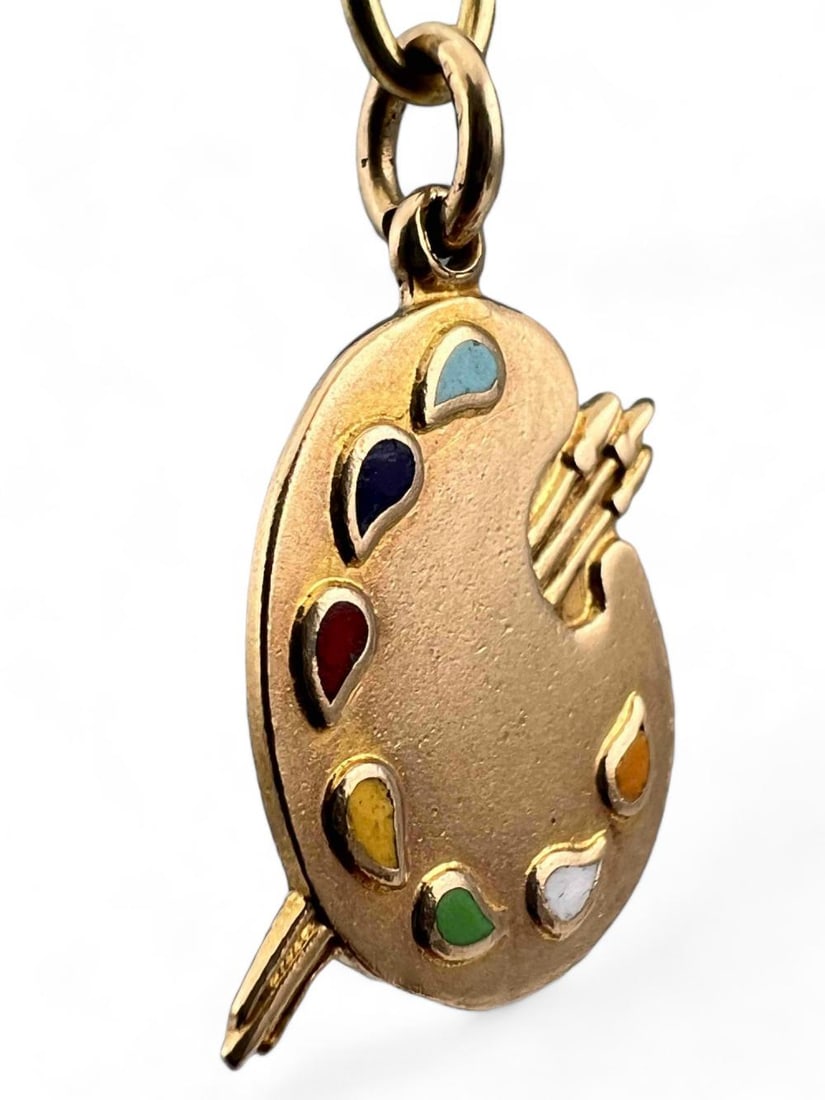 14K Enamel Paint Palette Charm: 14K Enamel Paint Palette Charm, 1.8g. Marked 14K. Approximately 0.625L x 0.5W in. ALL CREDIT CARDS WILL BE MANUALLY VERIFIED PRIOR TO SHIPMENT.
