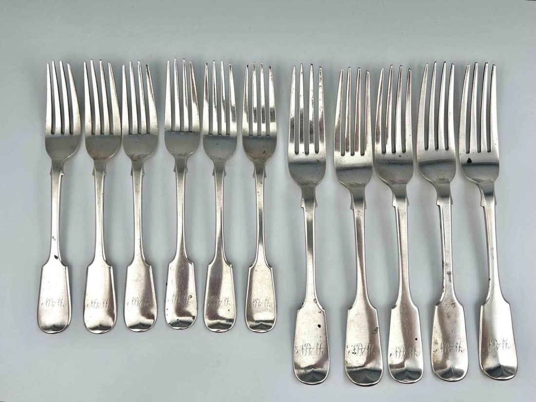 Mid 19th C. Thomas Smily Sterling Silver Flatware: Mid 19th C. Thomas Smily Sterling Silver Flatware, 695.8g. Hallmarked, test as sterling Monogrammed "WAW" Smallest 7.0L x 1.0W x 0.75H x Largest 8.125L x 1.125W x 1.0H in. All Measurements Approximate