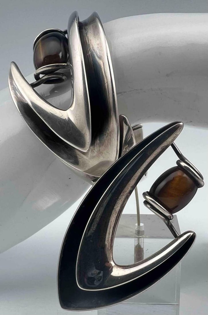 Taxco Modernist Sterling Silver Tiger's Eye Bracelet & Brooch (1 of 10)