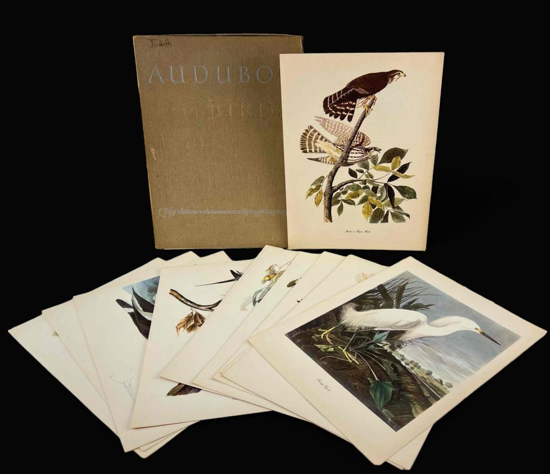 Audubon Birds Of America, Fifty Selections with commentaries by Roger Tory Peterson, 48 Prints.: Audubon Birds Of America, Fifty Selections with commentaries by Roger Tory Peterson, The Macmillon Company. Includes 48 of 50 prints. Approximately 13.0H x 9.625W x 0.875D in.