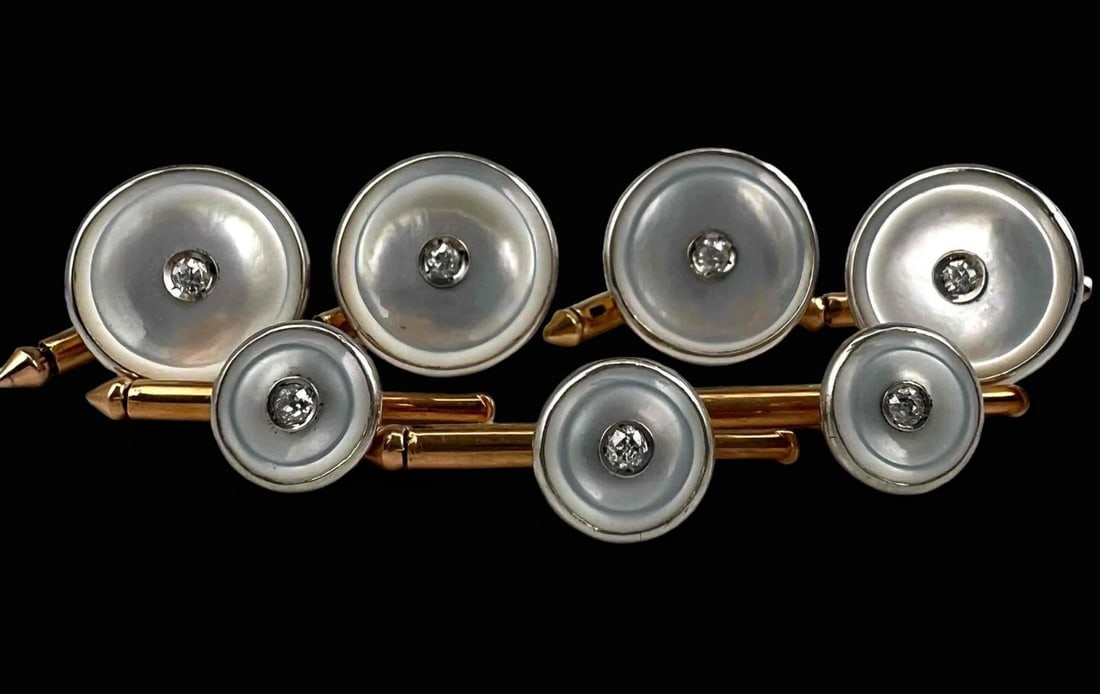 Art Deco 14K Diamond, Mother Of Pearl Cuff Links & Shirt Studs (1 of 16)