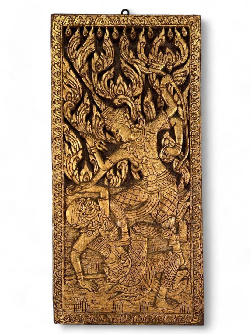 Southeast Asian Gilt Hardwood Plaque: Southeast Asian Gilt Hardwood Plaque. Approximately 24.0H x 11.75W x 1.0D in.