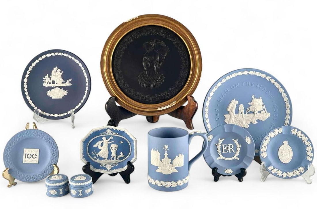 Ten Pieces Of Wedgewood Jasperware: Ten Pieces Of Wedgewood Jasperware, Including First Americans Series & Moon Landing. Marked "Wedgewood, Made In England." Largest piece (First American Series Plaque), as framed, approximately 9.375W
