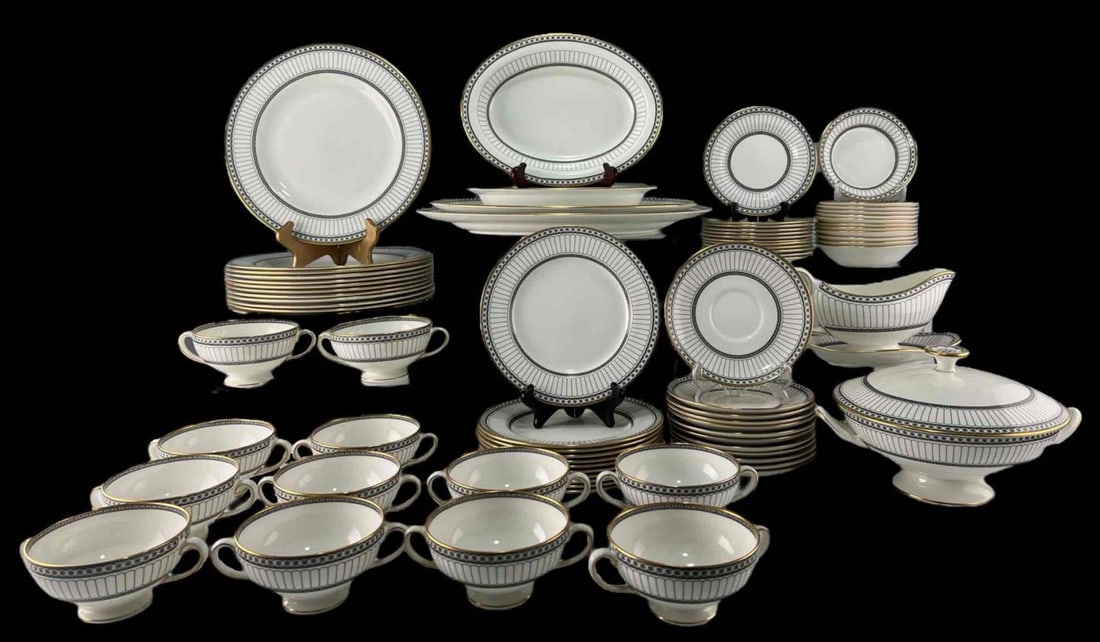 Wedgewood Colonnade Bone China Dinner Service, 78 Pieces: Wedgewood Colonnade Bone China Dinner Service, 78 Pieces. Complete for or 10 Plus One. Includes 12 dinner plates, saucers, bread plates and saucers. 11 salad plates. 7 serving pieces. Marked "Wedgewoo