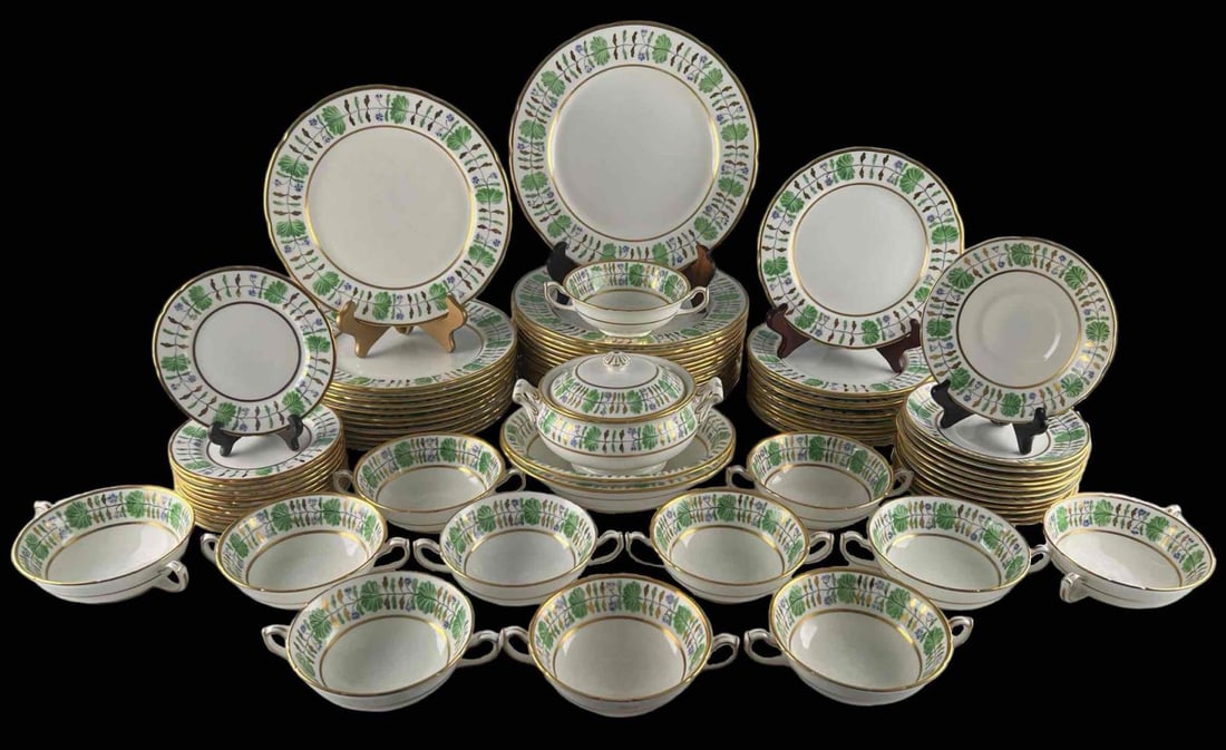 Hammersley For Tiffany & Co. "Palmetto" Bone China Dinner Set For Twelve, 79 Pieces: Hammersley For Tiffany & Co. "Palmetto" Bone China Dinner Set For 12. Includes 79 Pieces: 16 Dinner plates, 12 salad plates, 12 dessert plates, 12 bread plates, 12 soup bowls, 12 saucers, and three se