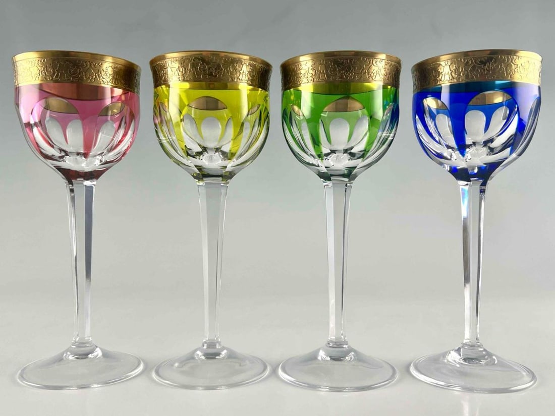 Four Moser Lady Hamilton Gilt Cut To Clear Wine Stems: Four Moser Lady Hamilton Gilt Cut To Clear Wine Stems. Etched "Moser" at base. Each approximately 7.75H x 3.125W In.