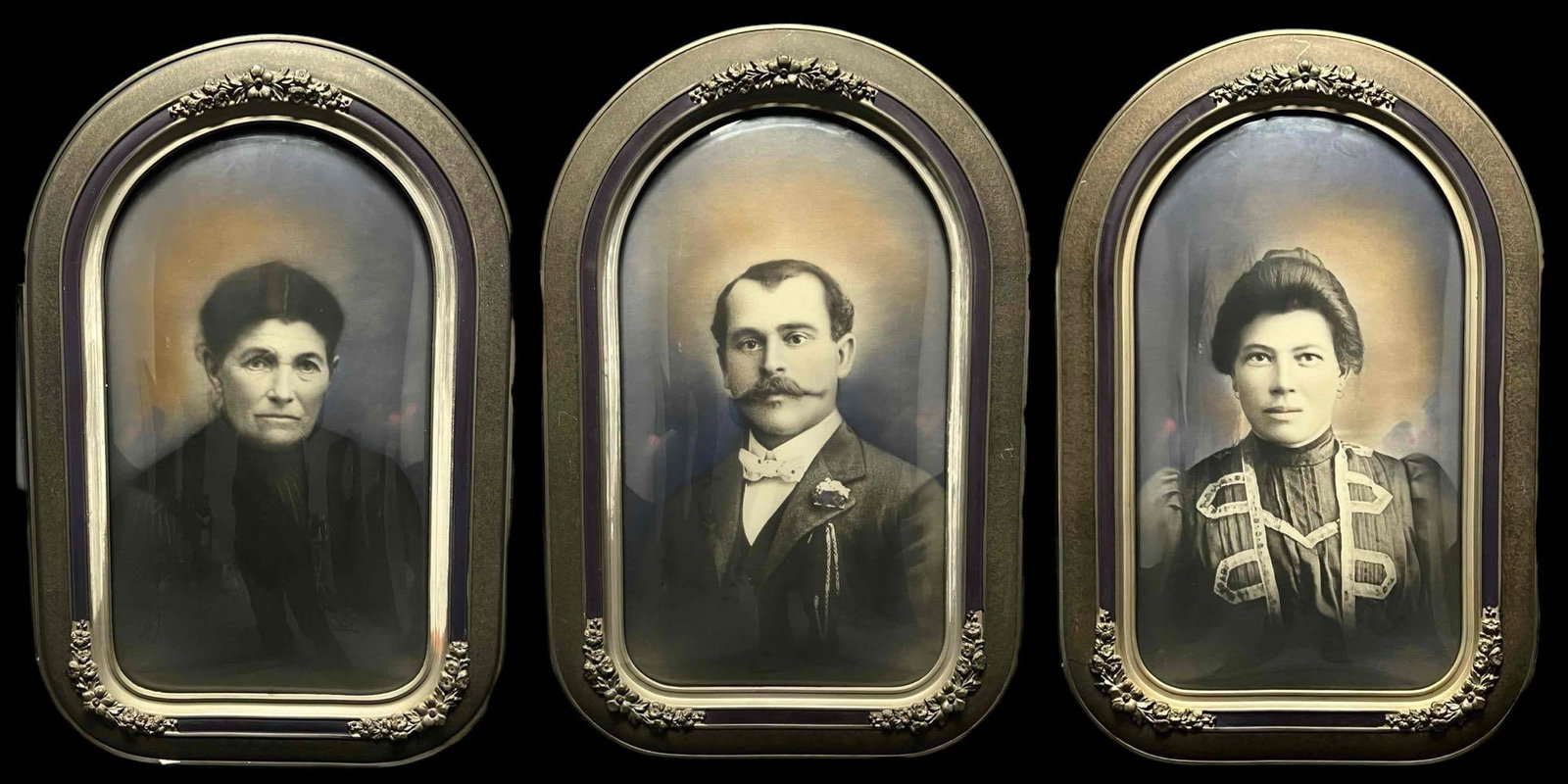 Three Antique Portraits In Convex Glass Frames: Three Antique Portraits In Convex Glass Frames. Each Framed 23.5H x 15.5W x 1.375D in. Sight 18.5H x 10.5W in. All Measurements are Approximate.