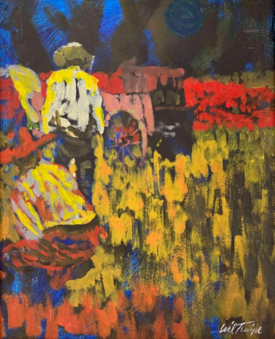 Wil Timpe (American, B. 1920) Cowboys With Wagon, Western Scene In Primary Hues, Oil On Board (1 of 13)