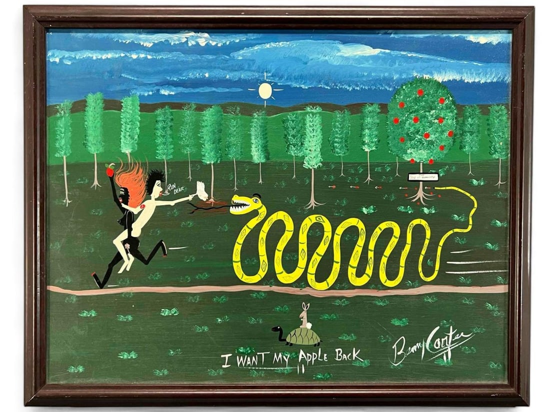 Benny Carter (American, 1943-2014), I Want My Apple Back, Folk Art Acrylic On Found Wall Paneling: Benny Carter (American, 1943-2014), I Want My Apple Back, Acrylic On Found Wall Paneling. Signed lower right. Carter's work is classified as both Folk Art and Outsider Art, though it is said he prefer