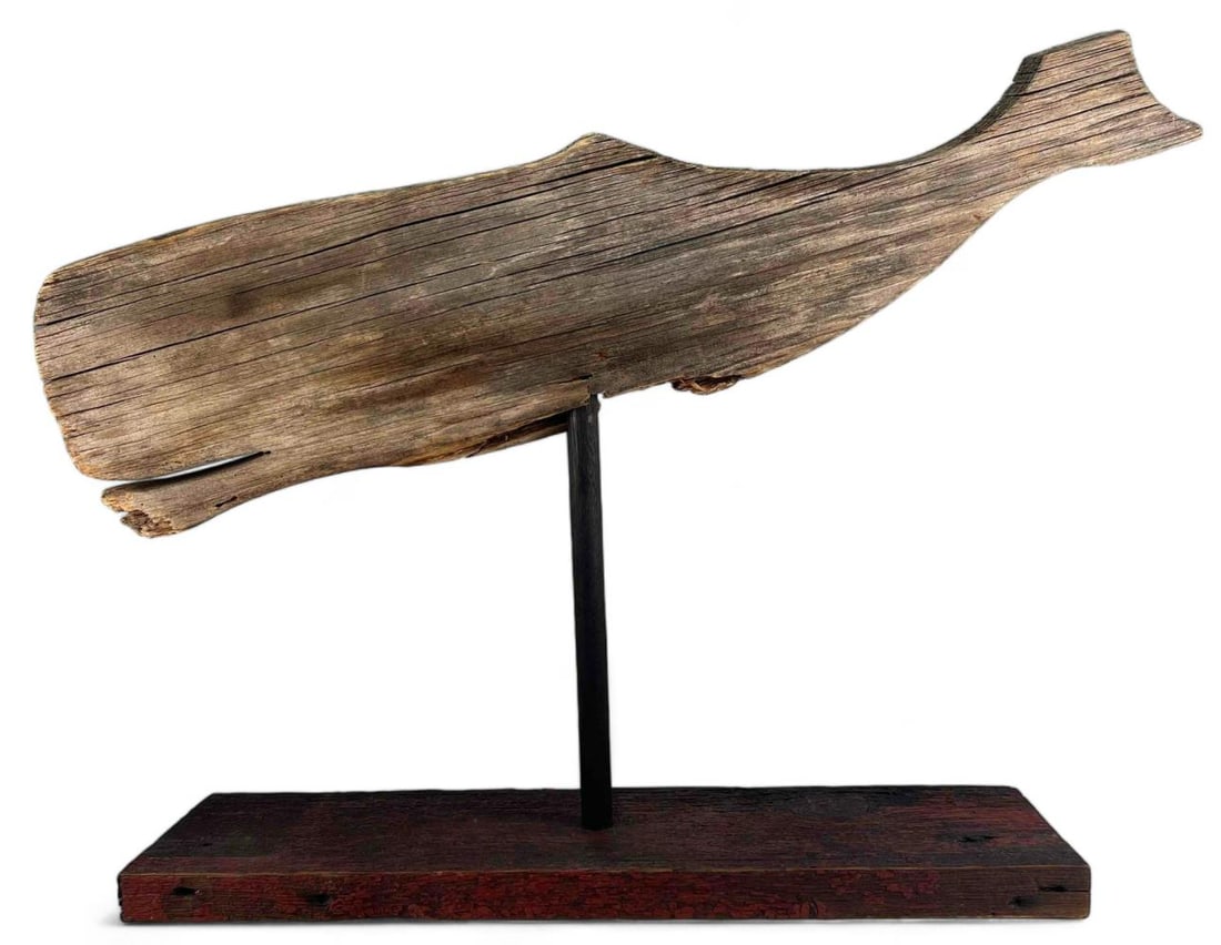American Primitive Wooden Whale Weather Vane Topper: American Primitive Wooden Whale Weather Vane Topper. Please note that piece is delicate in attachment to stand. Approximately 30.5W x 22.75H x 6.5D in.