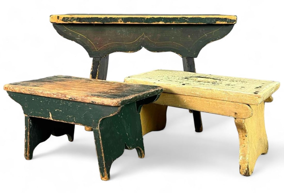 Three American Primitive Paint Decorated Wooden Stools (1 of 15)