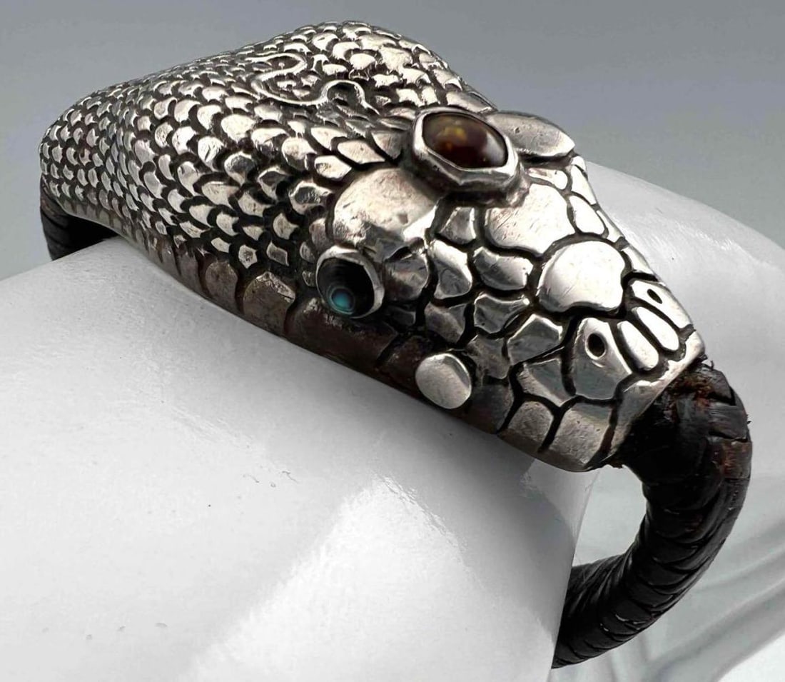 Lou Guerin, Sterling Silver, Opal & Abalone Woven Leather Snake Bracelet (1 of 14)