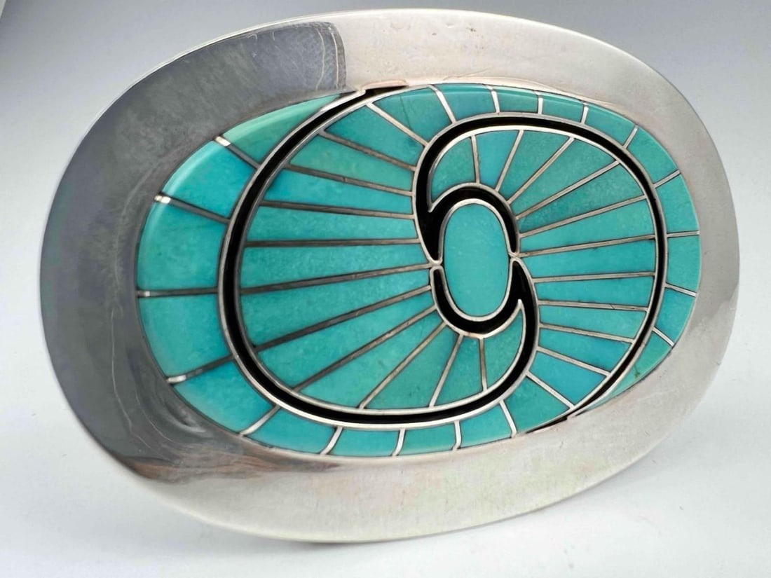 Dickie Quandelacy, Zuni Sterling Silver Turquoise Inlay Belt Buckle (1 of 7)