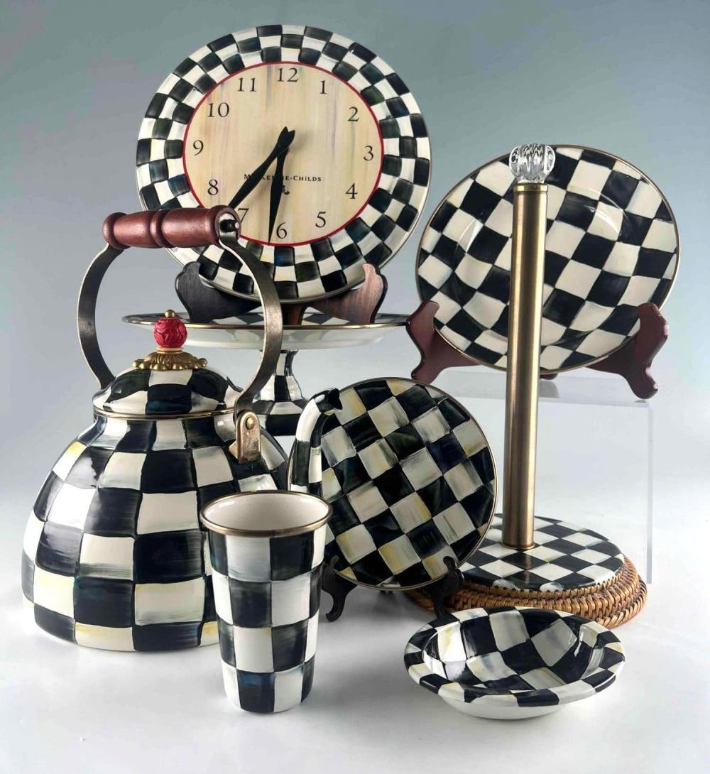 Seven Pieces Mackenzie Childs Courtly Check Enamelware, Including Kettle & Cake Plate (1 of 19)