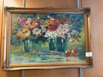 Mid Century Still Life With Flowers & Fruit, Oil On Canvas, Signed B. Ward