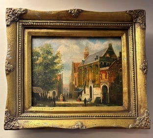 European Street Scene, Signed Illegibly, Oil on Canvas