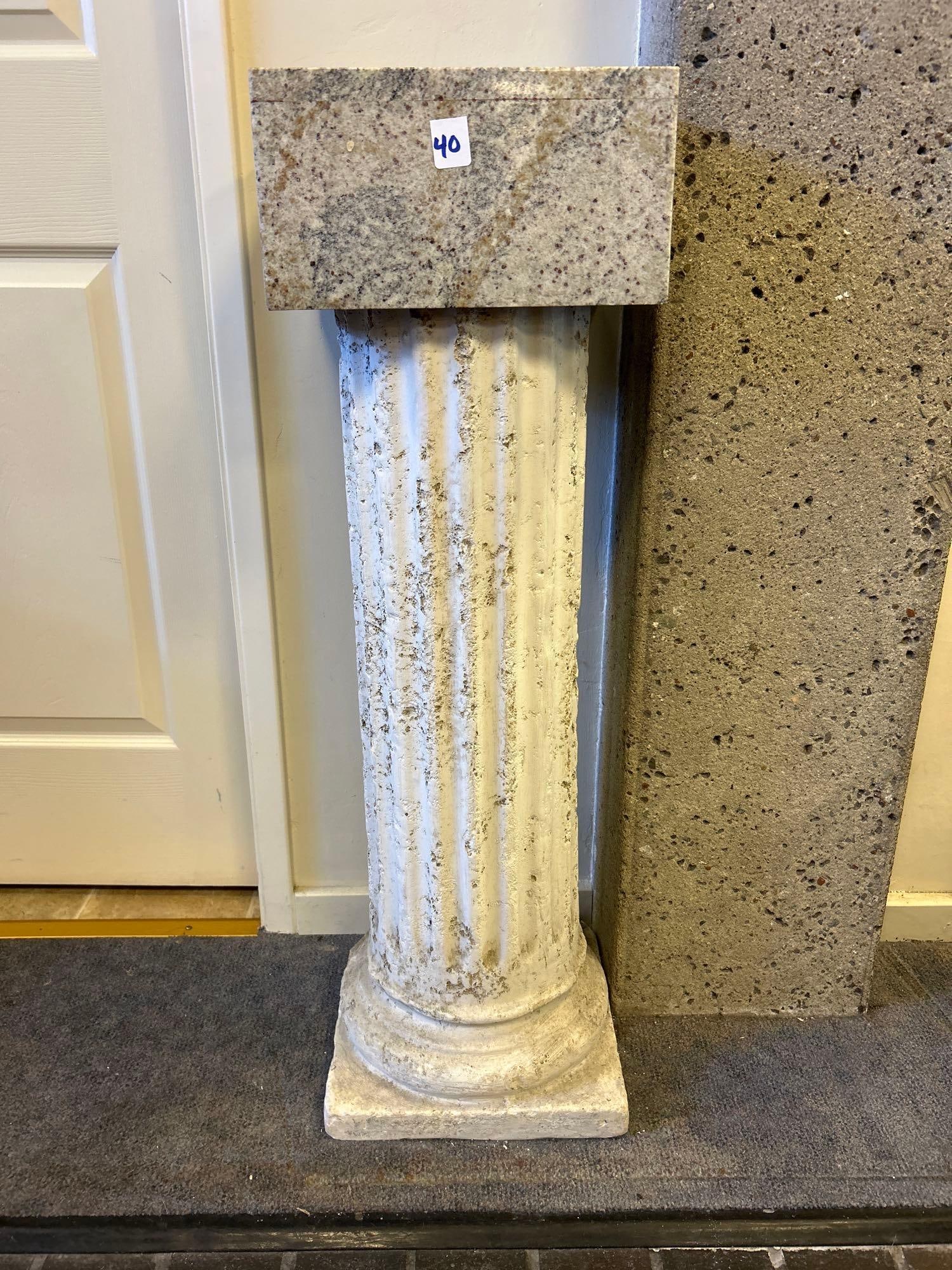 Marble Topped Plaster Pedestal: NO SHIPPING AVAILABLE ON THIS LOT, LOCAL PICK-UP ONLY. Marble Topped Plaster Pedestal. Approximately 36.75H x 11.5W x 11.75D in.