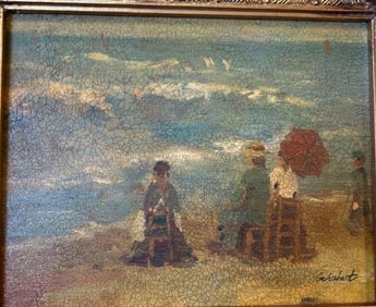 Beach Scene, Oil On Canvas, Signed Schubert.
